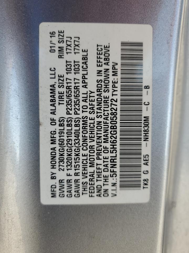 5FNRL5H62GB058272 2016 Honda Odyssey Exl