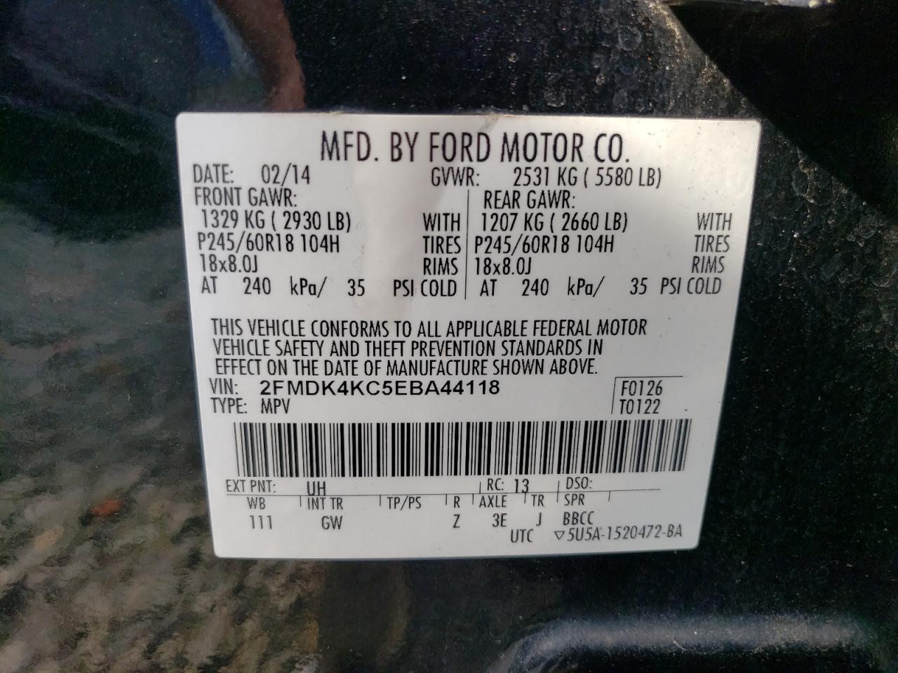 2FMDK4KC5EBA44118 2014 Ford Edge Limited