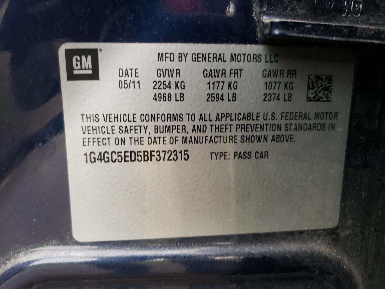 1G4GC5ED5BF372315 2011 Buick Lacrosse Cxl