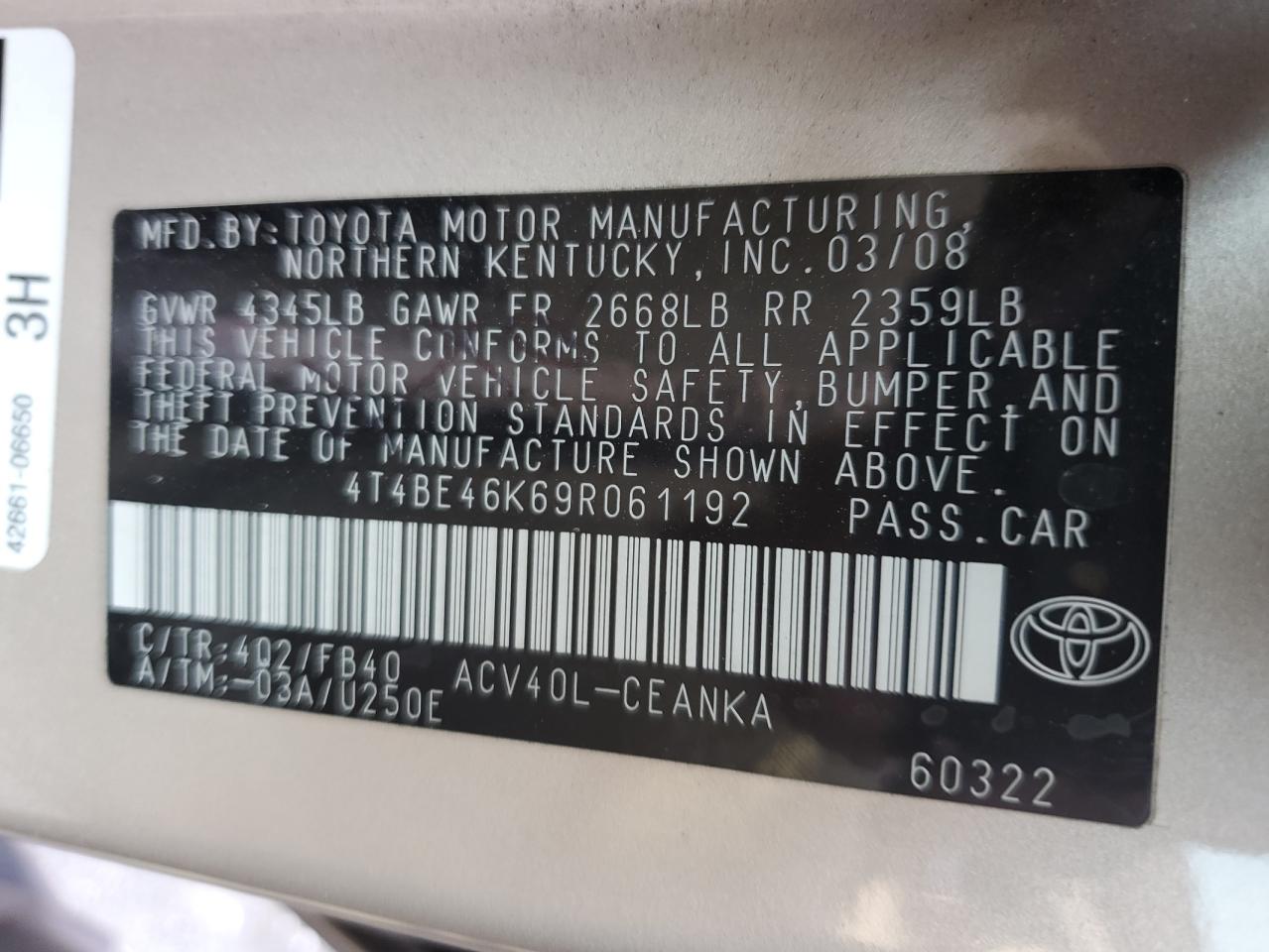 4T4BE46K69R061192 2009 Toyota Camry Base