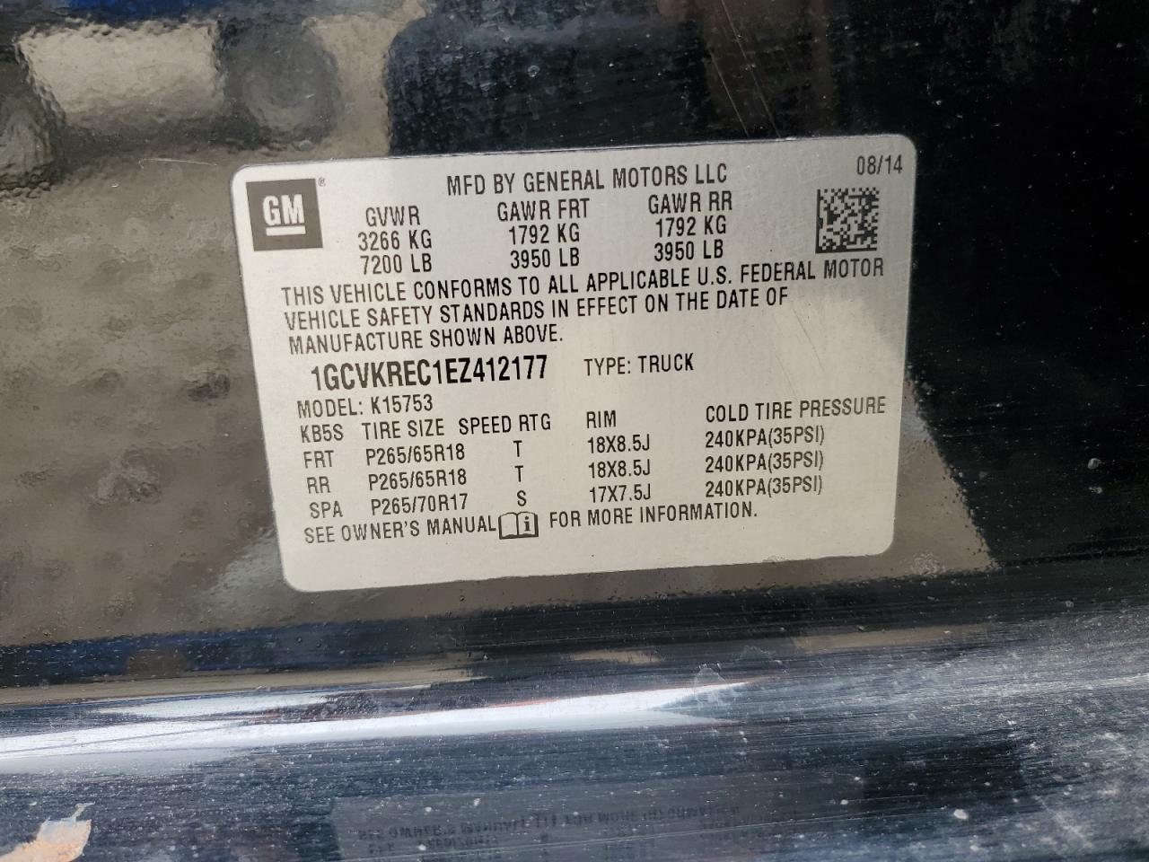 2014 Chevrolet Silverado K1500 Lt VIN: 1GCVKREC1EZ412177 Lot: 72545244