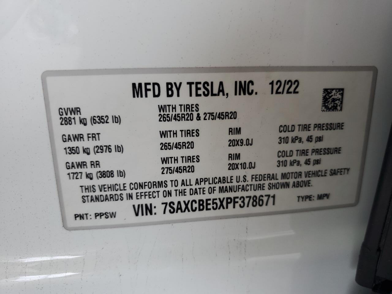 2023 Tesla Model X VIN: 7SAXCBE5XPF378671 Lot: 72122124