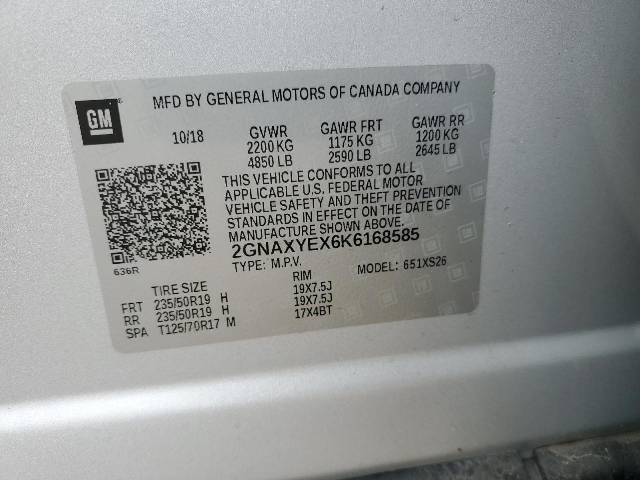 2GNAXYEX6K6168585 2019 Chevrolet Equinox Premier