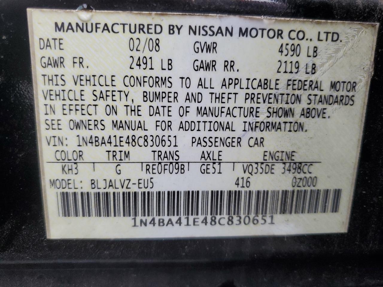 1N4BA41E48C830651 2008 Nissan Maxima Se