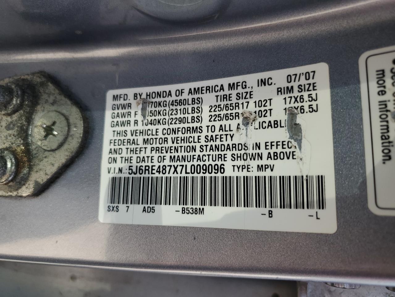 5J6RE487X7L009096 2007 Honda Cr-V Exl