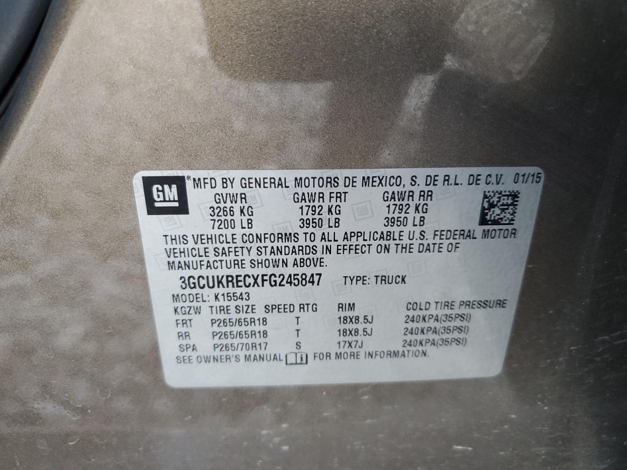 3GCUKRECXFG245847 2015 Chevrolet Silverado K1500 Lt