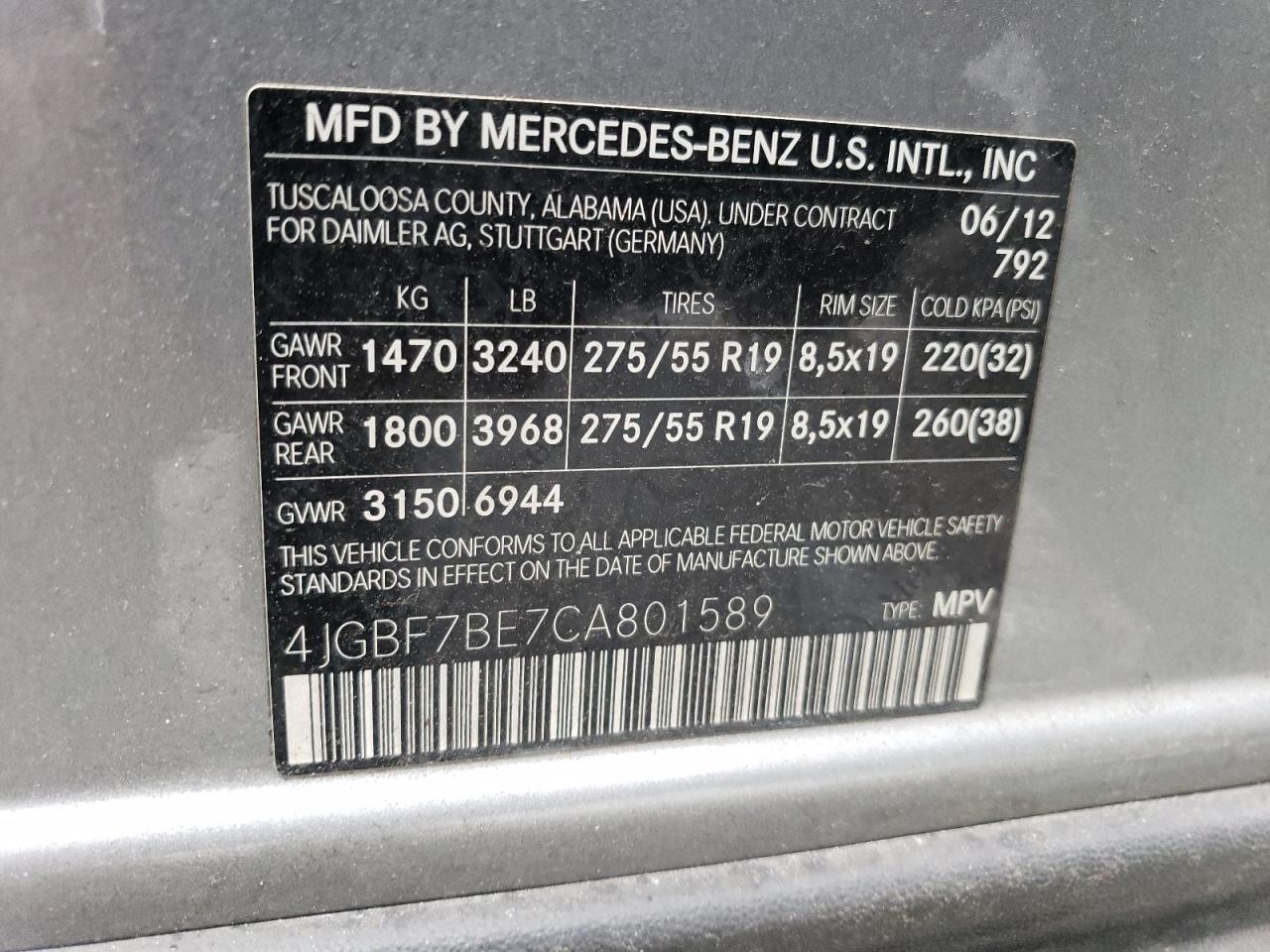 4JGBF7BE7CA801589 2012 Mercedes-Benz Gl 450 4Matic