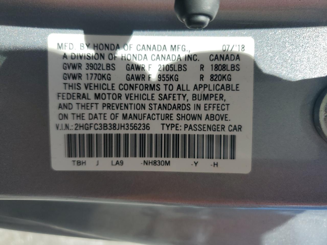 2HGFC3B38JH356236 2018 Honda Civic Ex