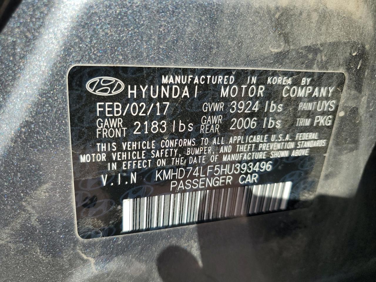 KMHD74LF5HU393496 2017 Hyundai Elantra Se