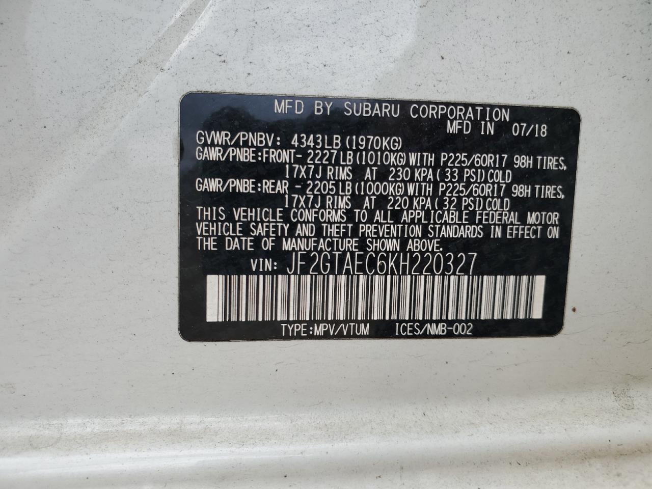 JF2GTAEC6KH220327 2019 Subaru Crosstrek Premium