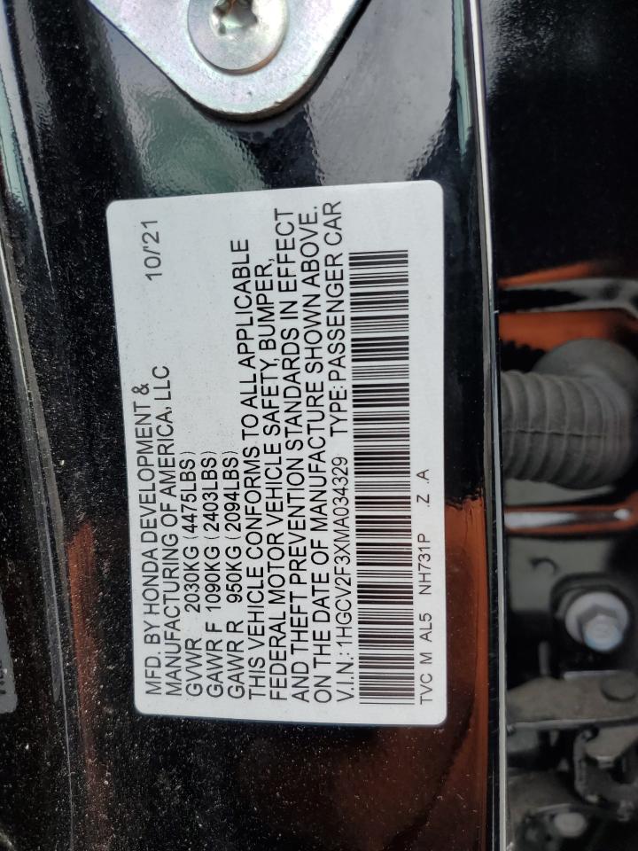 2021 Honda Accord Sport VIN: 1HGCV2F3XMA034329 Lot: 44753095