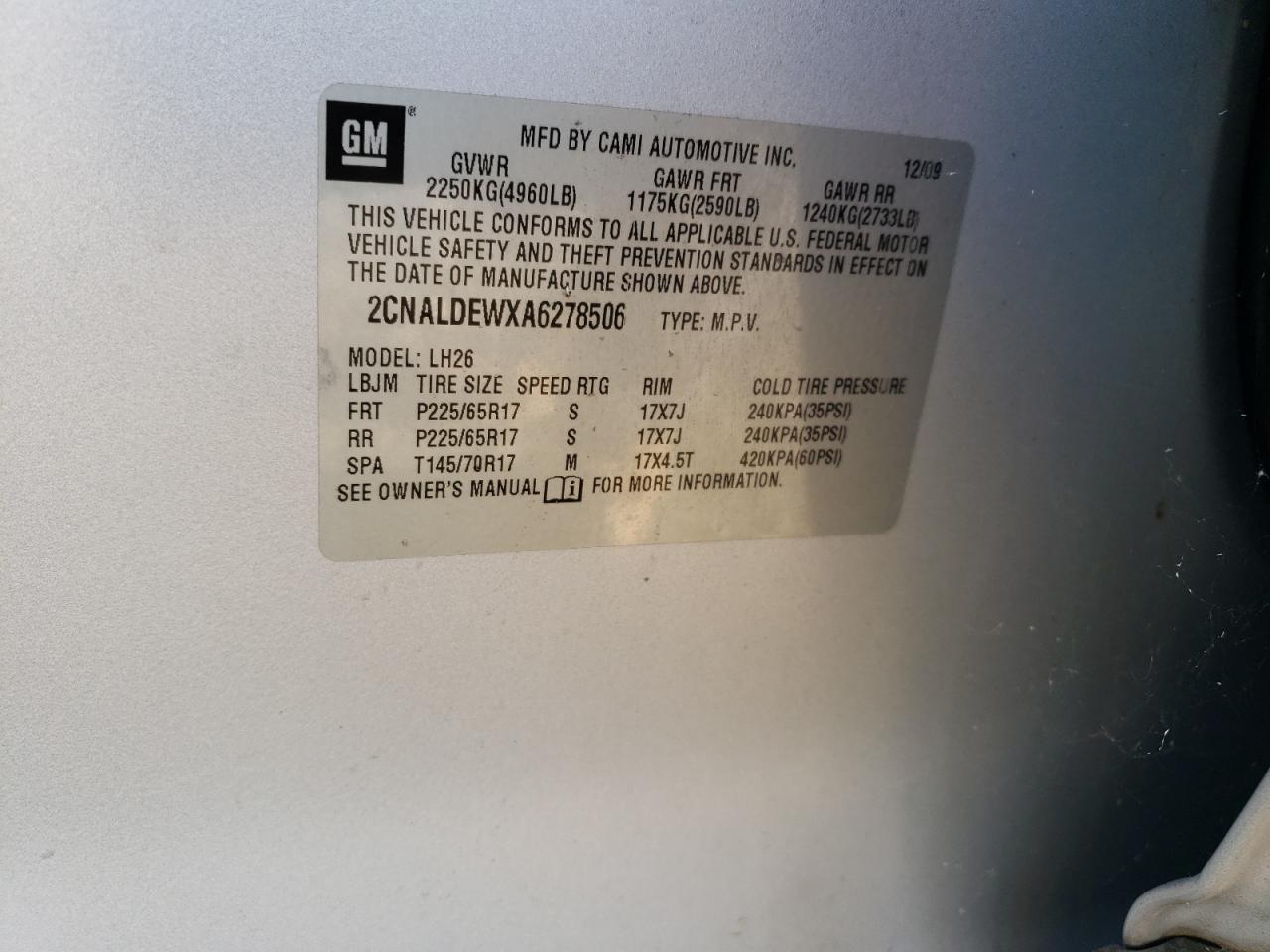 2CNALDEWXA6278506 2010 Chevrolet Equinox Lt