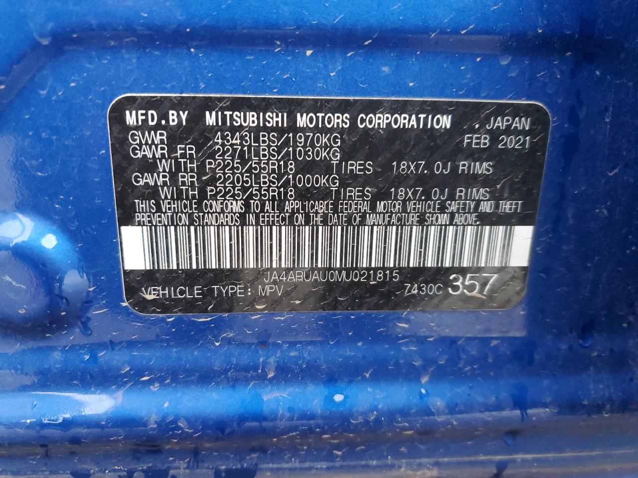 2021 Mitsubishi Outlander Sport Es VIN: JA4ARUAU0MU021815 Lot: 70338394