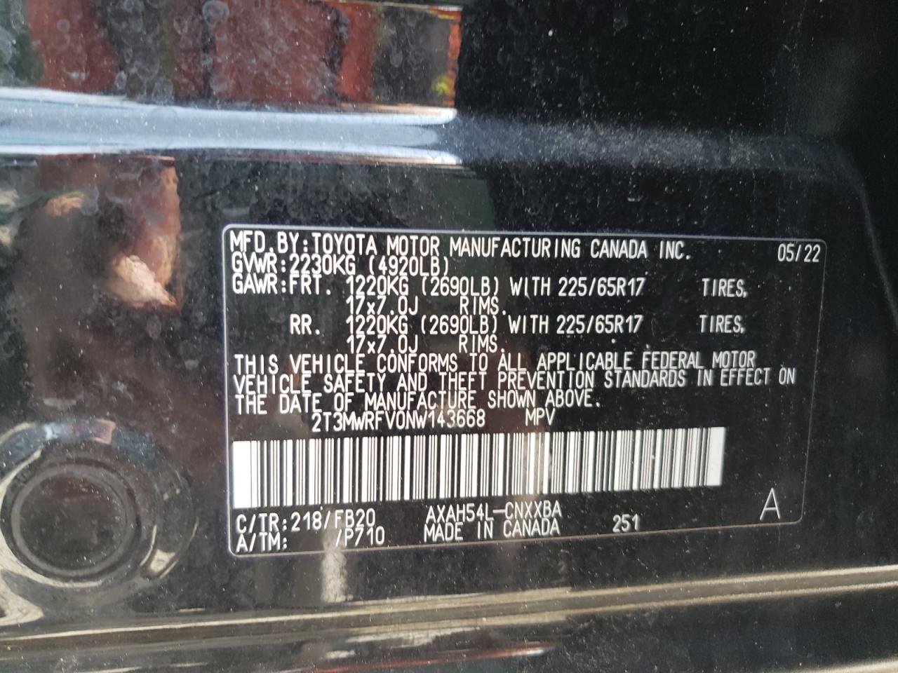 2T3MWRFV0NW143668 2022 Toyota Rav4 Le