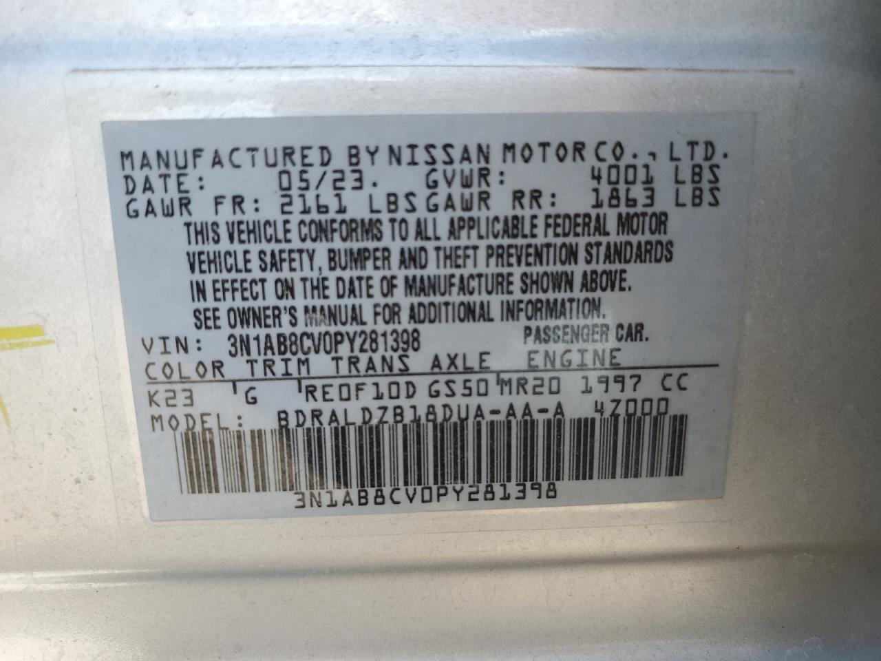 3N1AB8CV0PY281398 2023 Nissan Sentra Sv