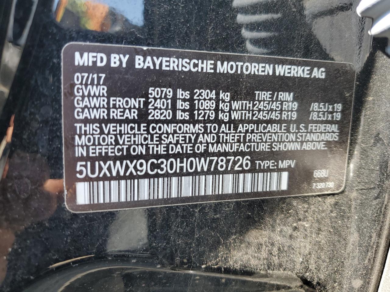 5UXWX9C30H0W78726 2017 BMW X3 xDrive28I