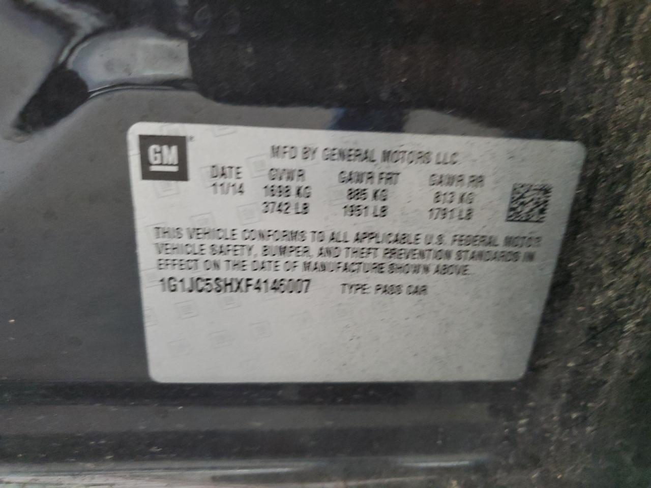 2015 Chevrolet Sonic Lt VIN: 1G1JC5SHXF4146007 Lot: 60417505