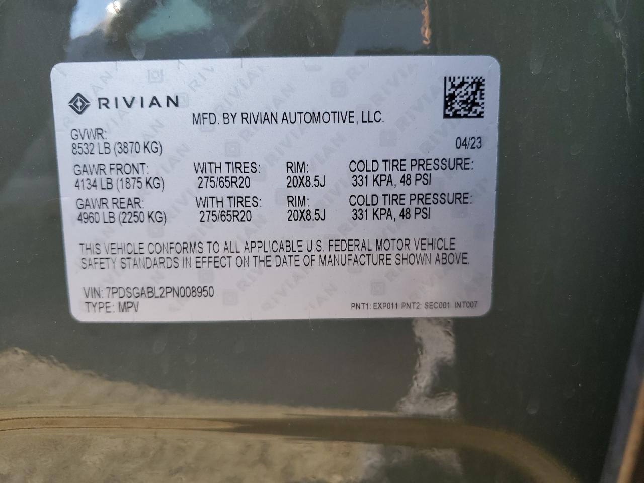 2023 Rivian R1S Launch Edition VIN: 7PDSGABL2PN008950 Lot: 72091794