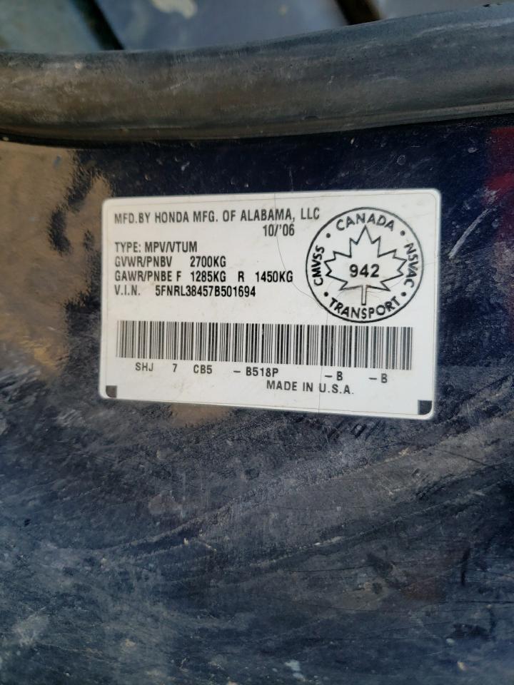 2007 Honda Odyssey Ex VIN: 5FNRL38457B501694 Lot: 70585754