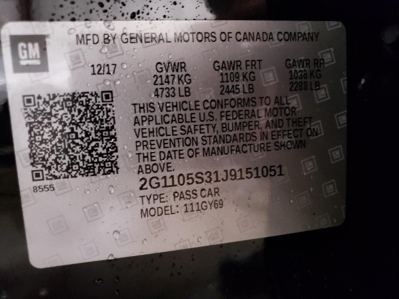 2018 Chevrolet Impala Lt VIN: 2G1105S31J9151051 Lot: 70697814