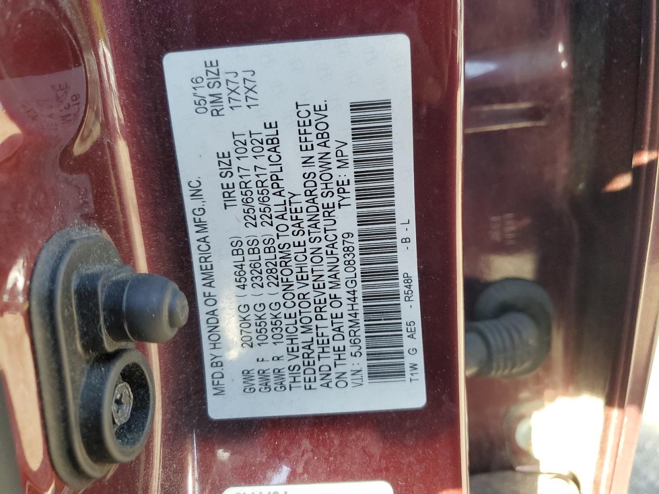 5J6RM4H44GL083879 HONDA CRV 2016