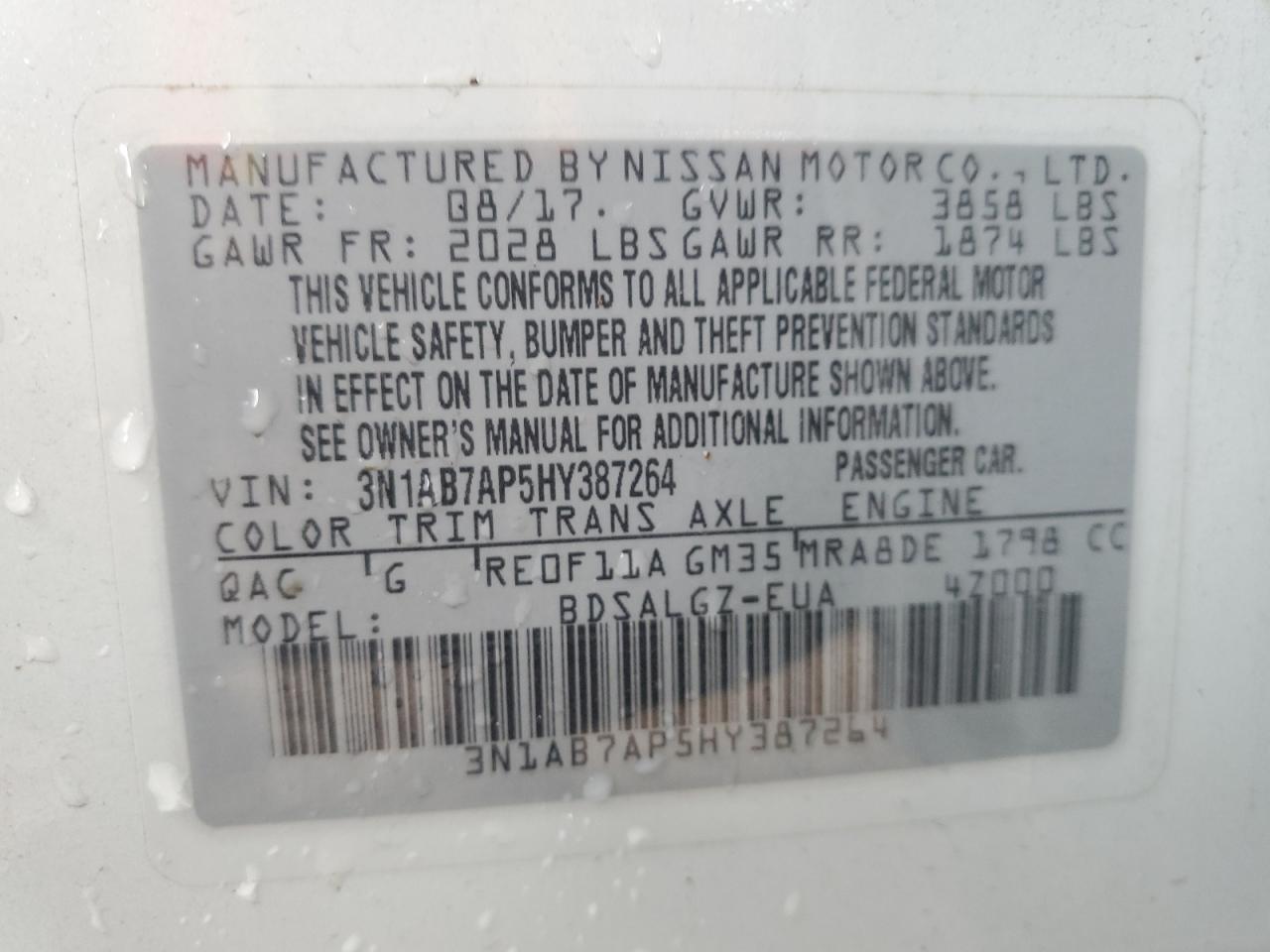 3N1AB7AP5HY387264 2017 Nissan Sentra S