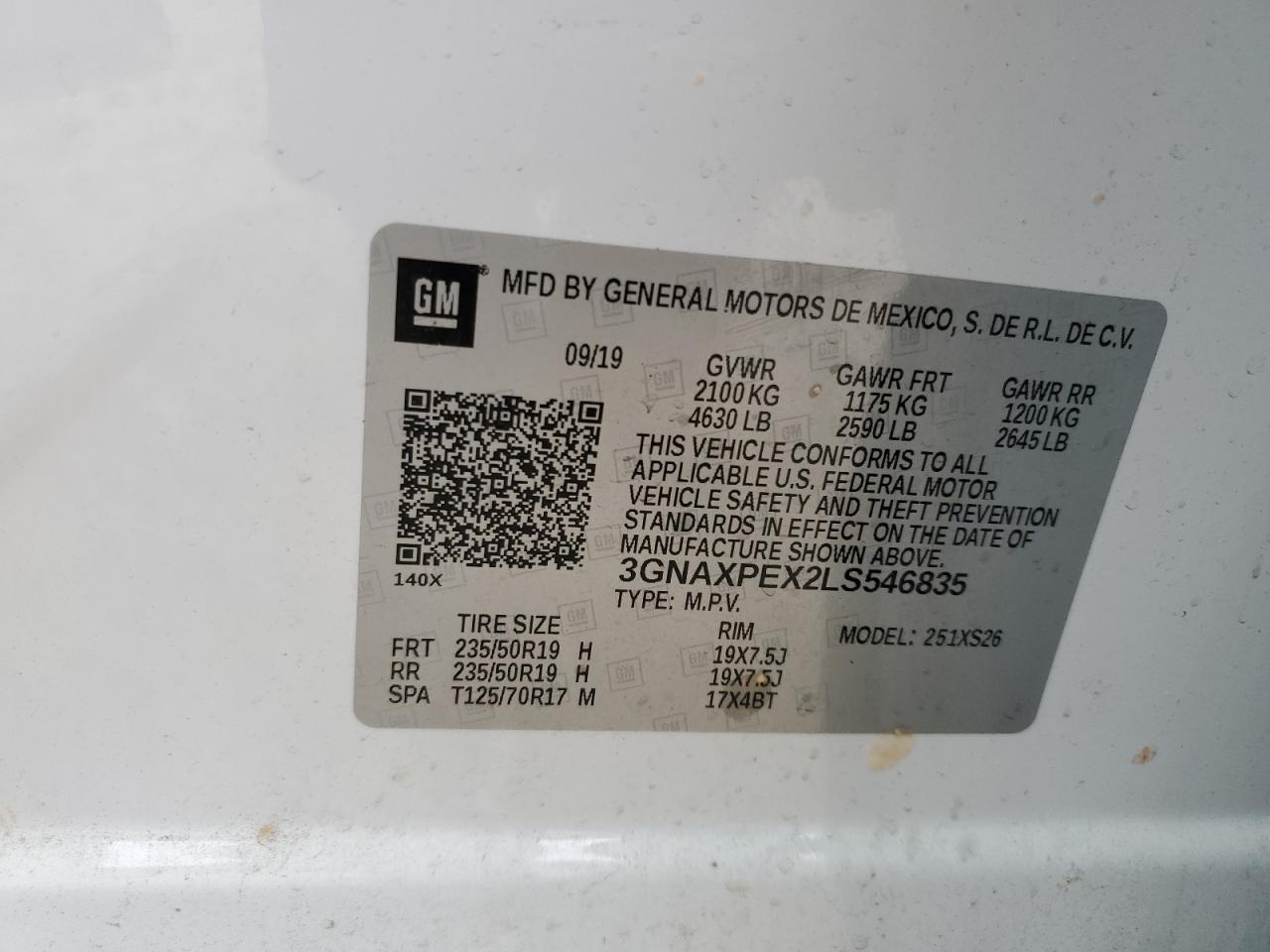 2020 Chevrolet Equinox Premier VIN: 3GNAXPEX2LS546835 Lot: 72158494