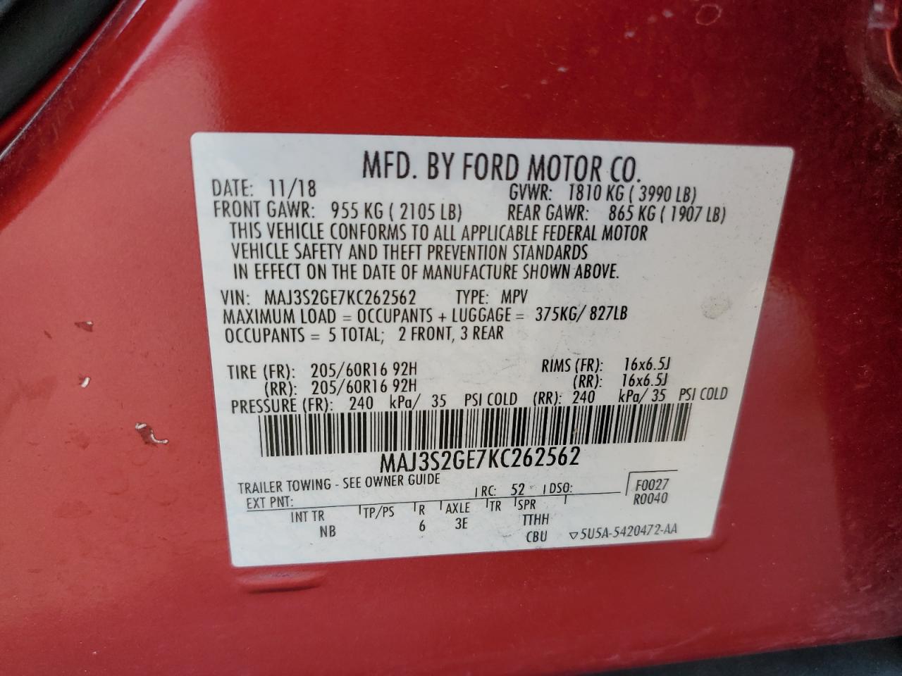 2019 Ford Ecosport Se VIN: MAJ3S2GE7KC262562 Lot: 71923444