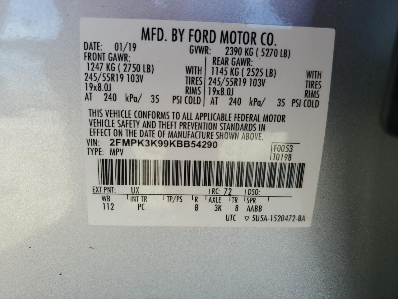 2FMPK3K99KBB54290 2019 Ford Edge Titanium