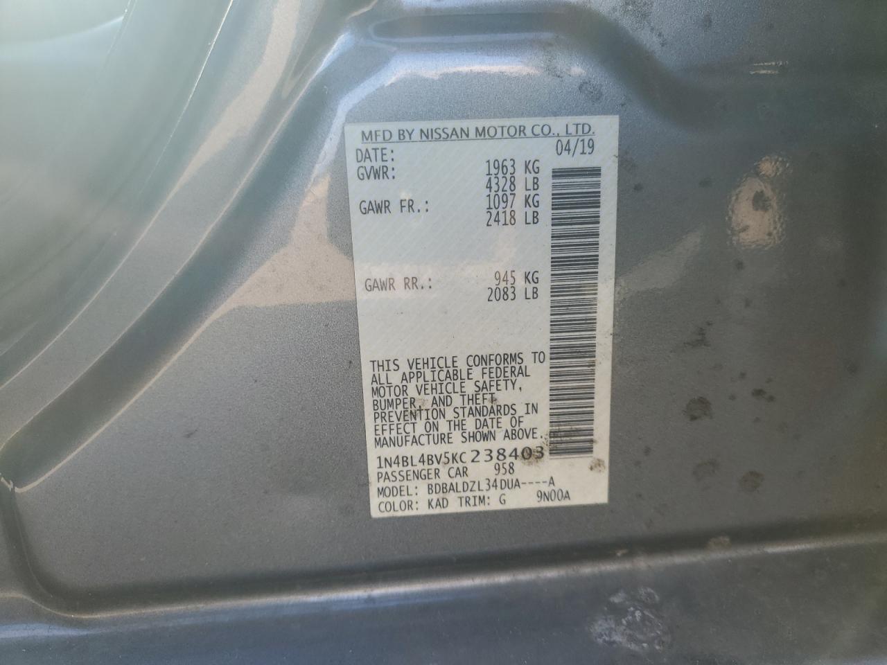 1N4BL4BV5KC238403 2019 Nissan Altima S