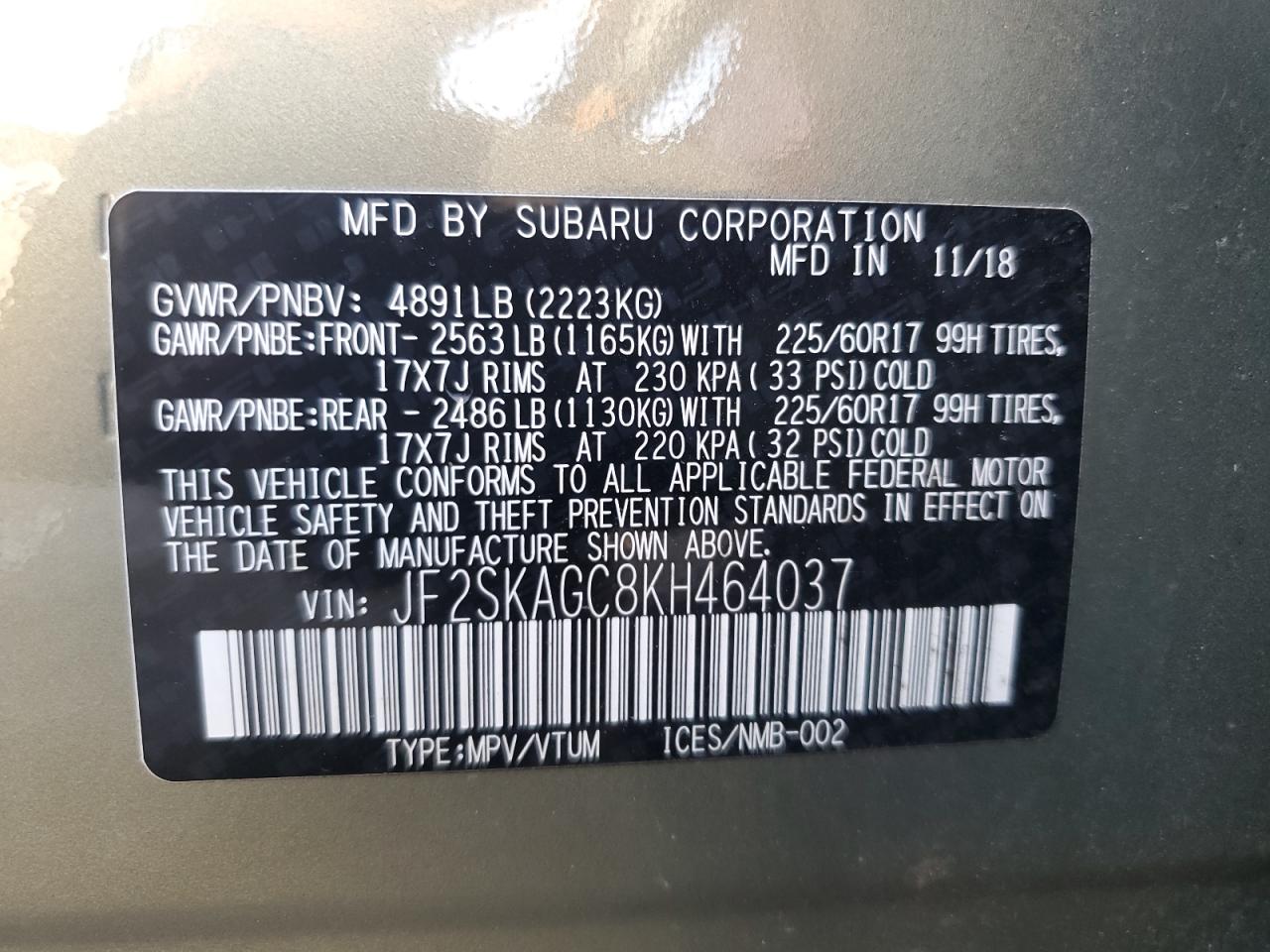 JF2SKAGC8KH464037 2019 Subaru Forester Premium