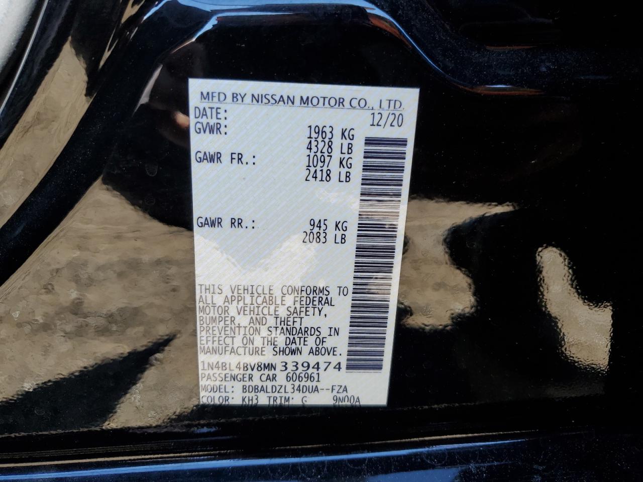 2021 Nissan Altima S VIN: 1N4BL4BV8MN339474 Lot: 70609284