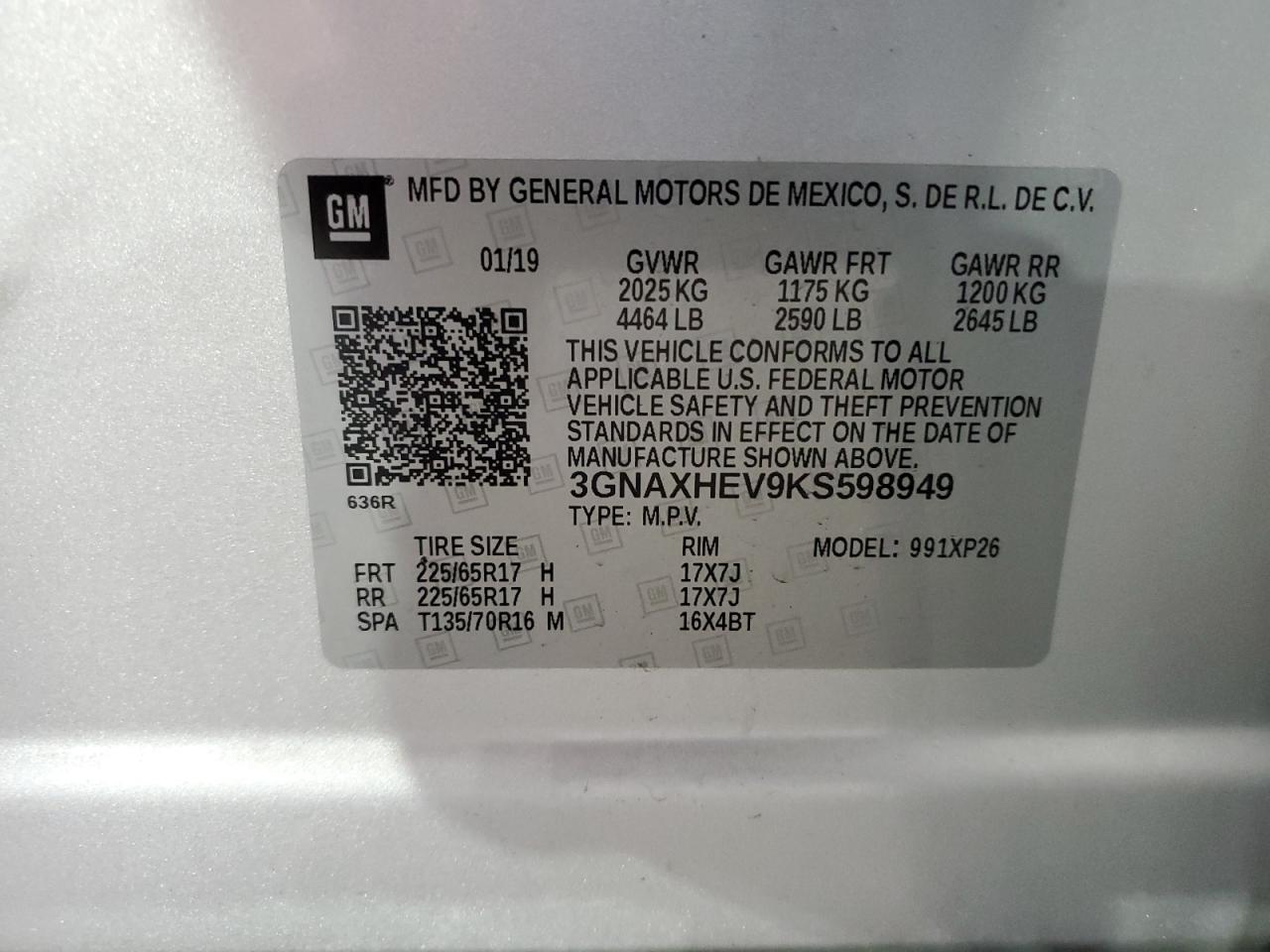 3GNAXHEV9KS598949 2019 Chevrolet Equinox Ls