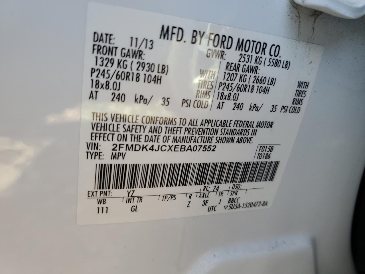 2FMDK4JCXEBA07552 2014 Ford Edge Sel