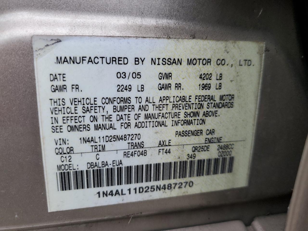 1N4AL11D25N487270 2005 Nissan Altima S