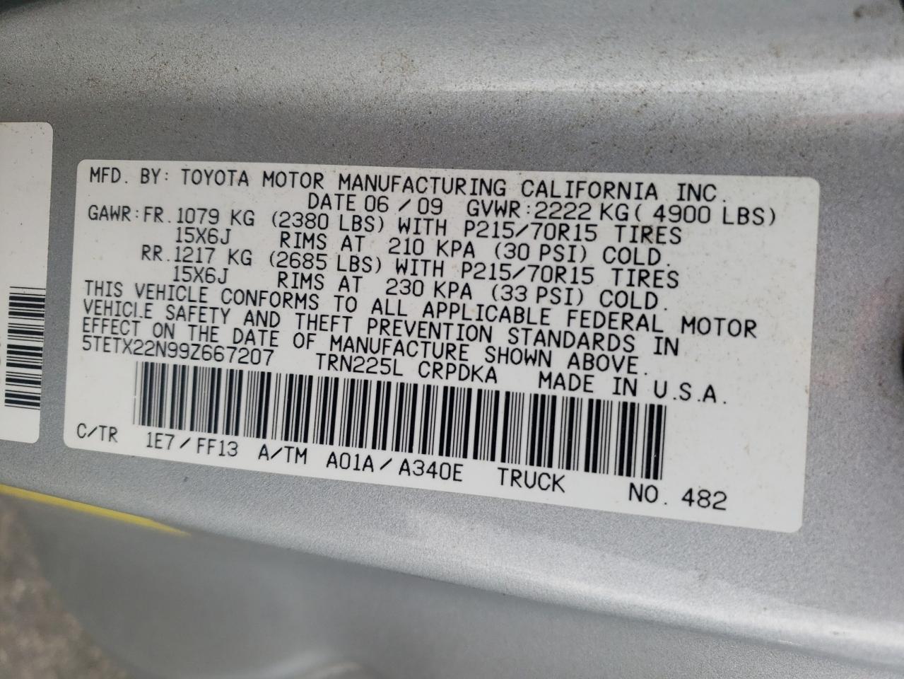 5TETX22N99Z667207 2009 Toyota Tacoma Access Cab