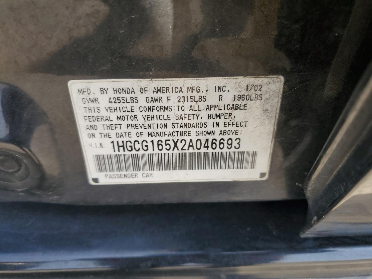 1HGCG165X2A046693 2002 Honda Accord Ex