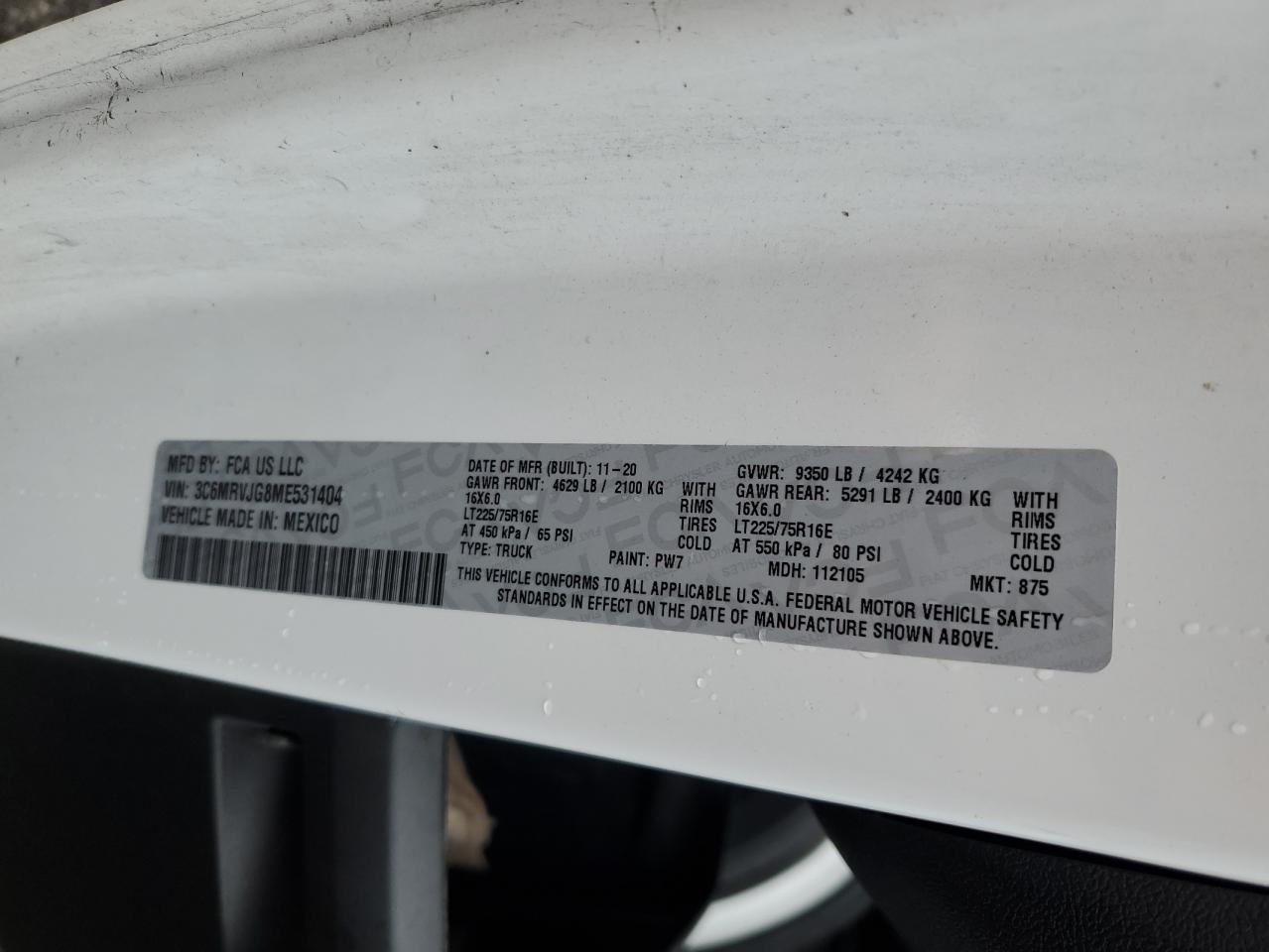 2021 Ram Promaster 3500 3500 High VIN: 3C6MRVJG8ME531404 Lot: 72172464