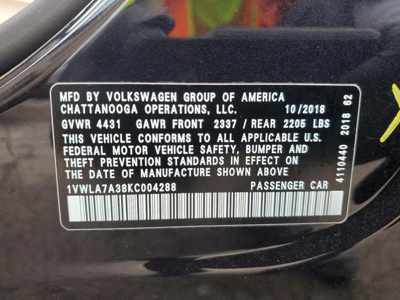 1VWLA7A38KC004288 2019 Volkswagen Passat Wolfsburg