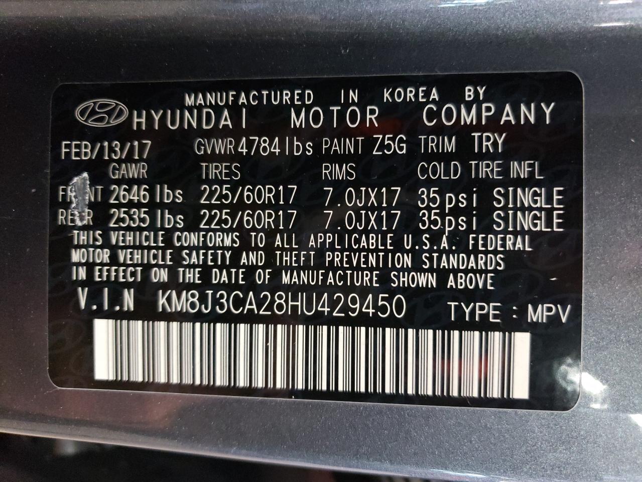 KM8J3CA28HU429450 2017 Hyundai Tucson Limited