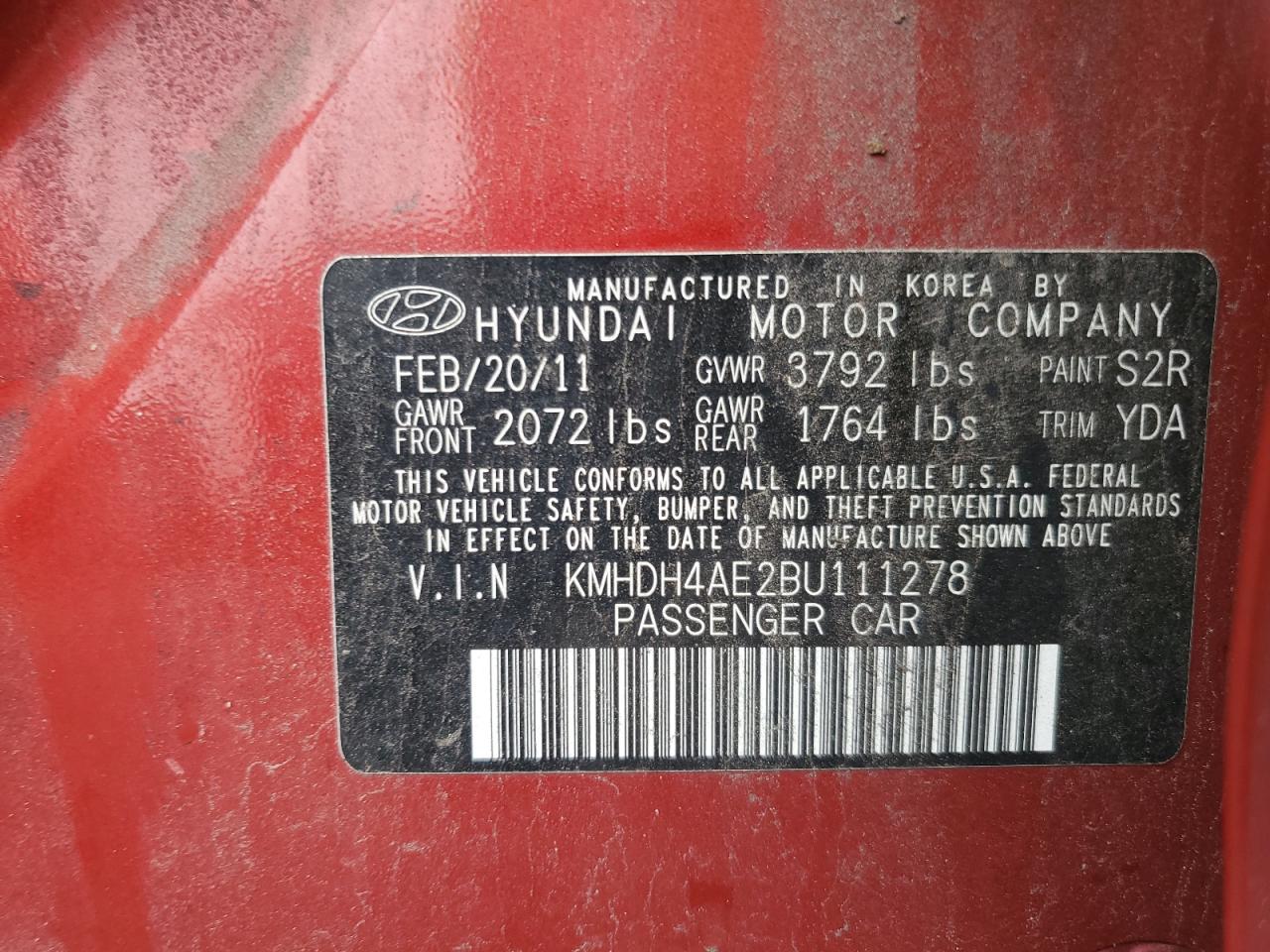 KMHDH4AE2BU111278 2011 Hyundai Elantra Gls