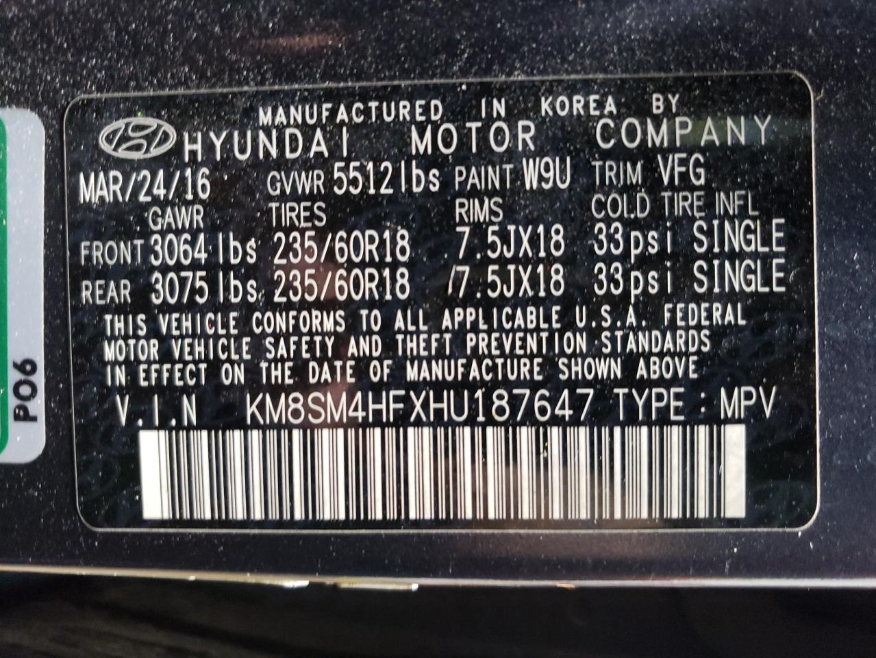 KM8SM4HFXHU187647 2017 Hyundai Santa Fe Se