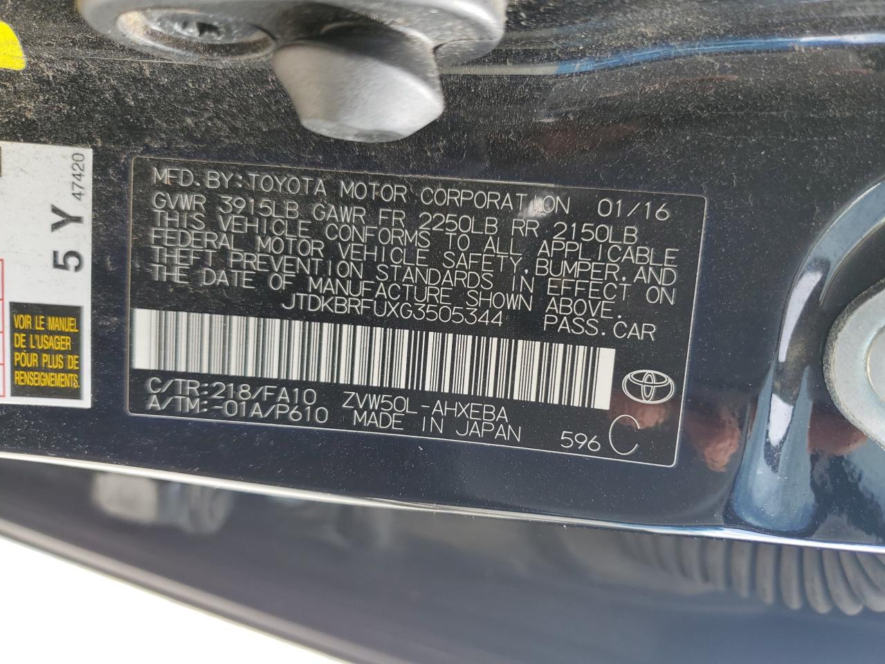 VIN JTDKBRFUXG3505344 2016 TOYOTA PRIUS no.12