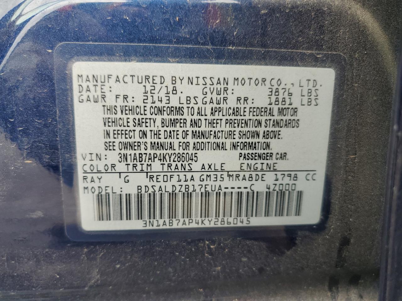 3N1AB7AP4KY286045 2019 Nissan Sentra S