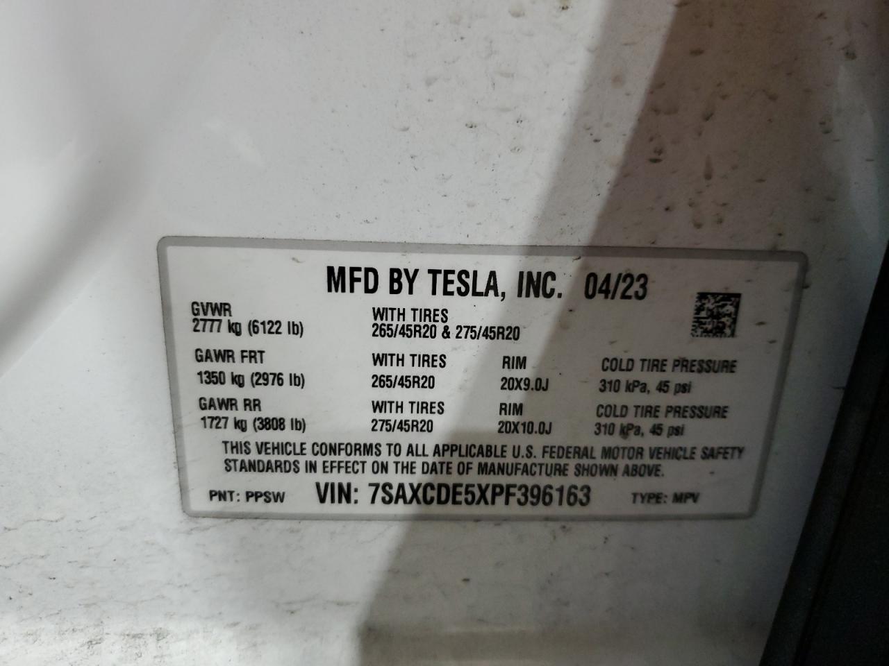 2023 Tesla Model X VIN: 7SAXCDE5XPF396163 Lot: 69754314