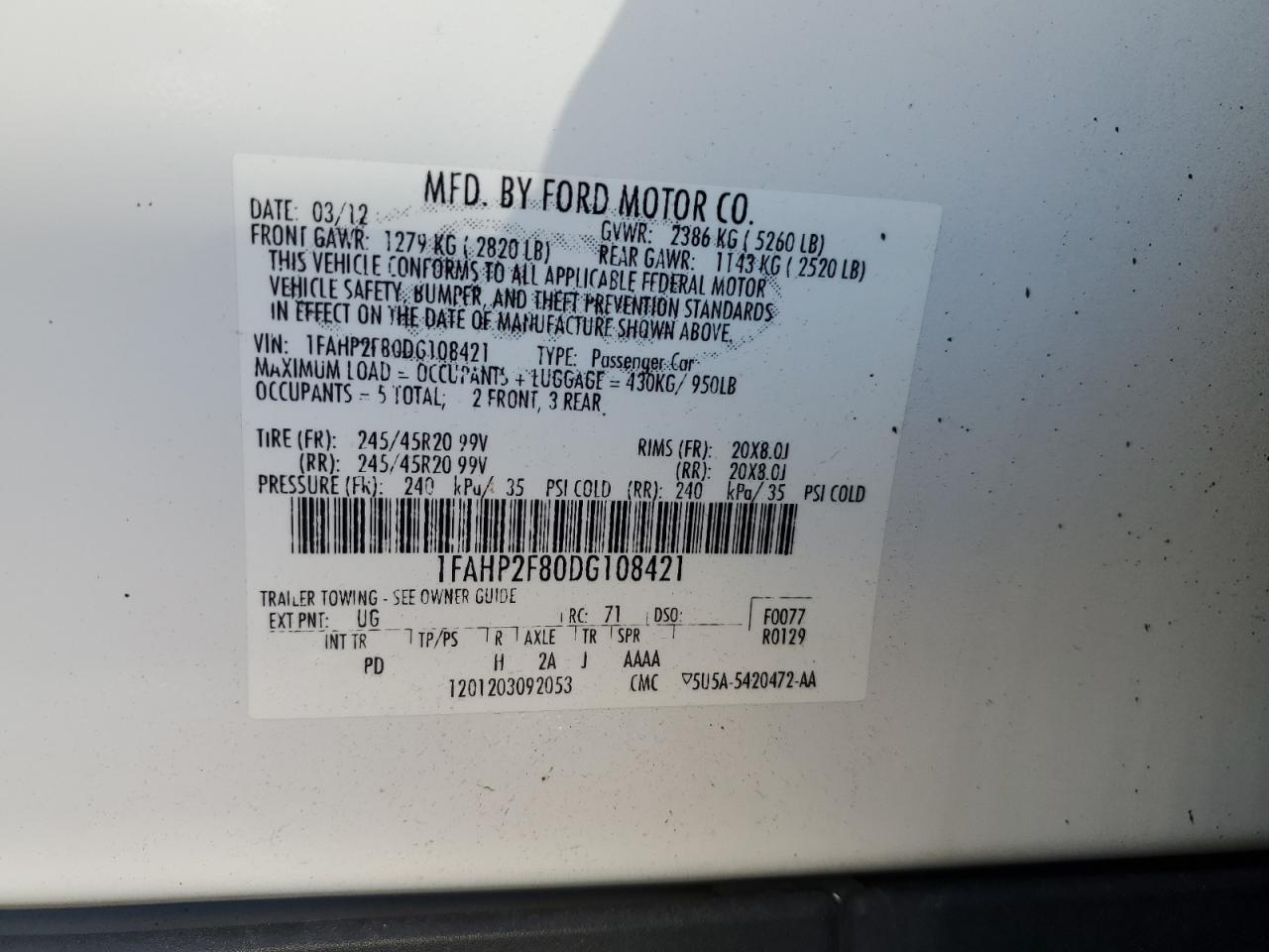 2013 Ford Taurus Limited VIN: 1FAHP2F80DG108421 Lot: 72977924