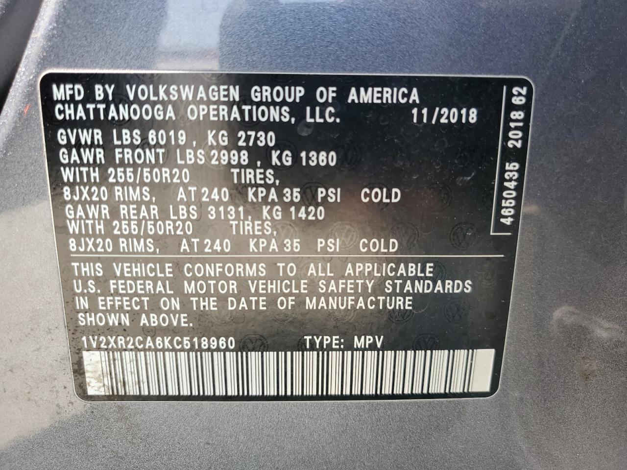 1V2XR2CA6KC518960 2019 Volkswagen Atlas Se