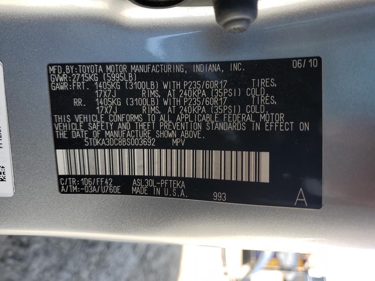 5TDKA3DC8BS003692 2011 Toyota Sienna Base