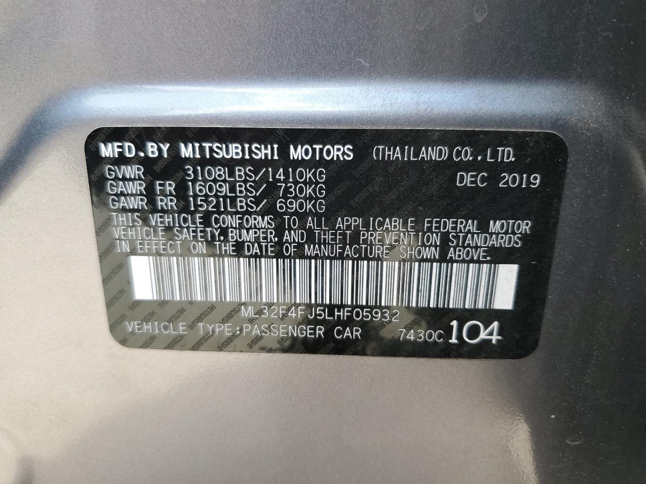 ML32F4FJ5LHF05932 2020 Mitsubishi Mirage G4 Se