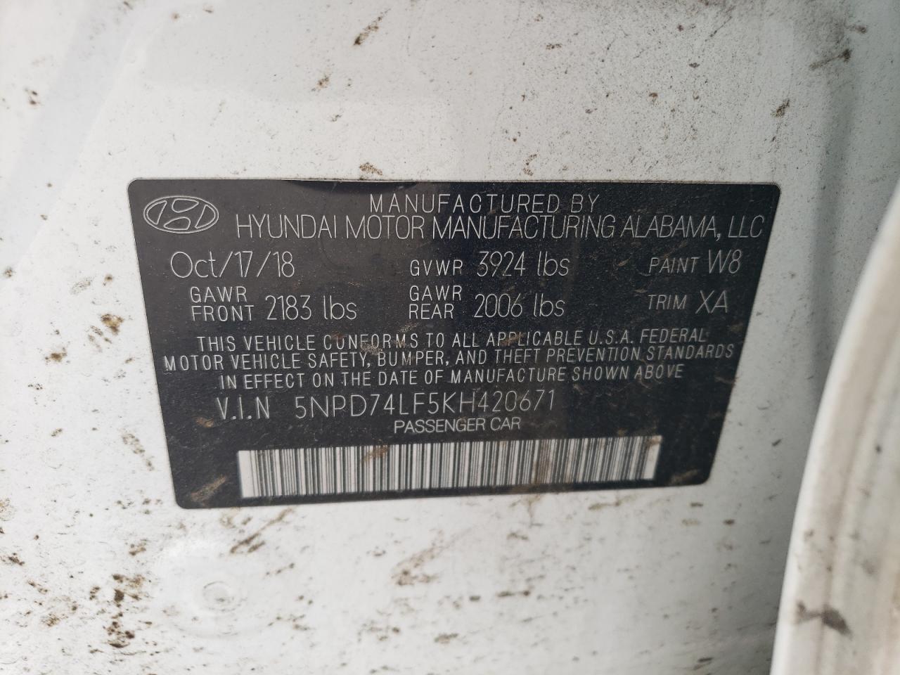 5NPD74LF5KH420671 2019 Hyundai Elantra Se